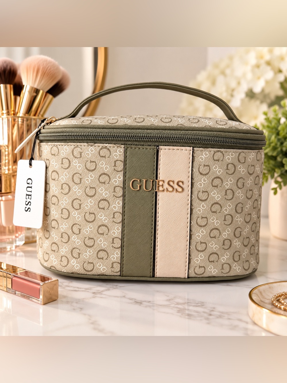 GUESS Olive & Blush Logo Train Case Cosmetic Bag
